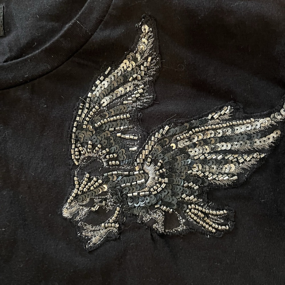 ZARA Man Black Beaded Sequin‎ Wing Graphic T-Shirt Size M Embroidered - Picture 9 of 10